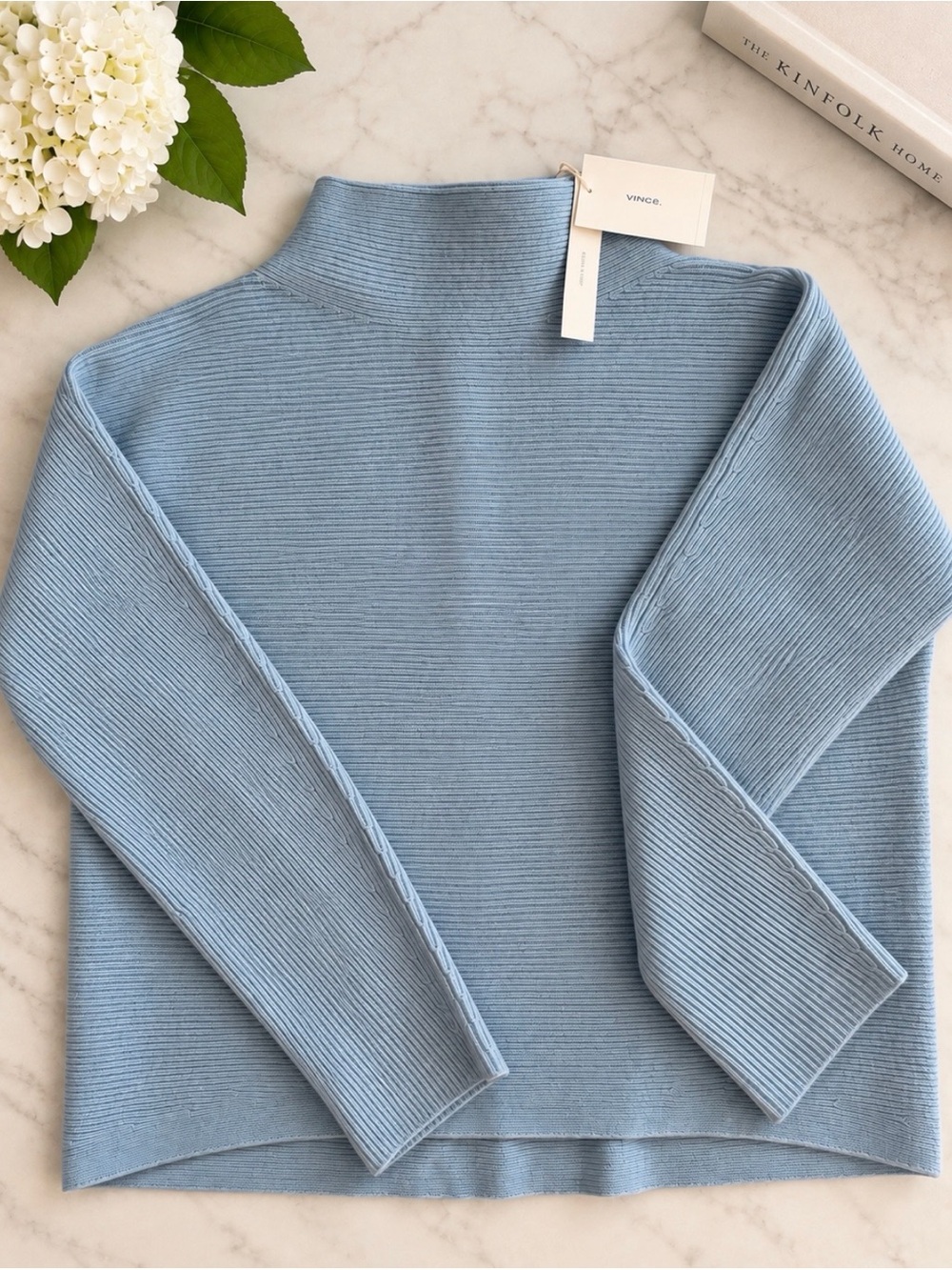 Vince Sky Blue Ribbed Mock Neck Sweater